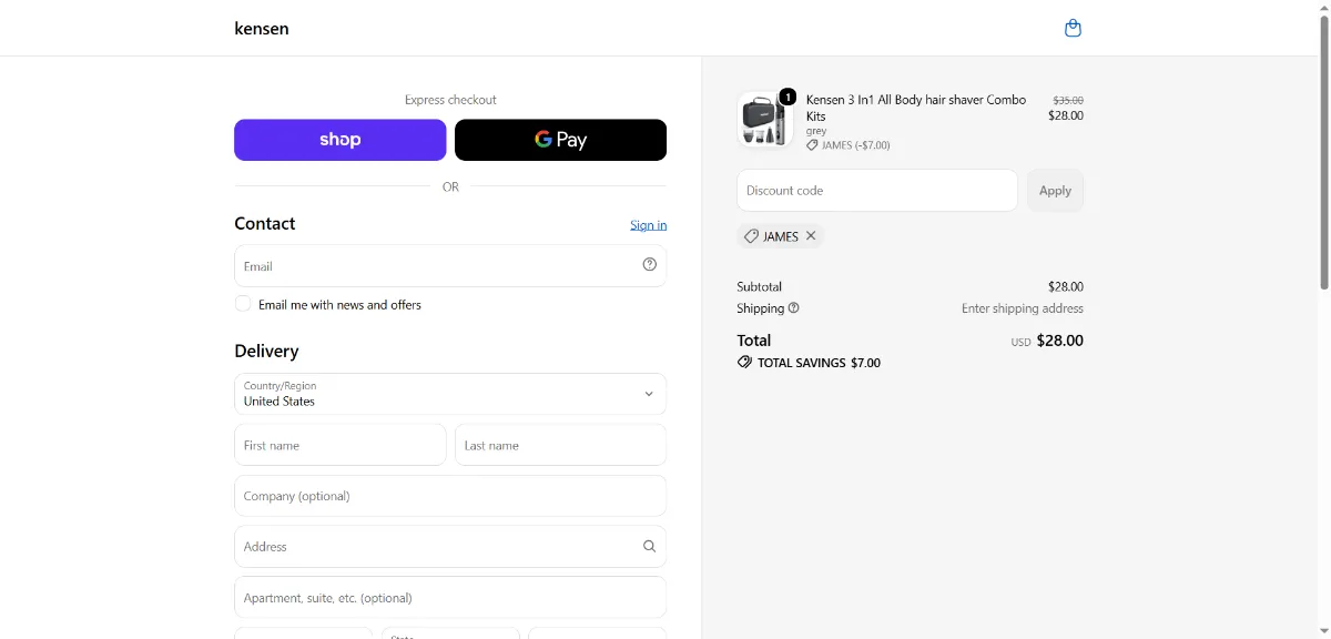 The KENSEN checkout, with the discount code box