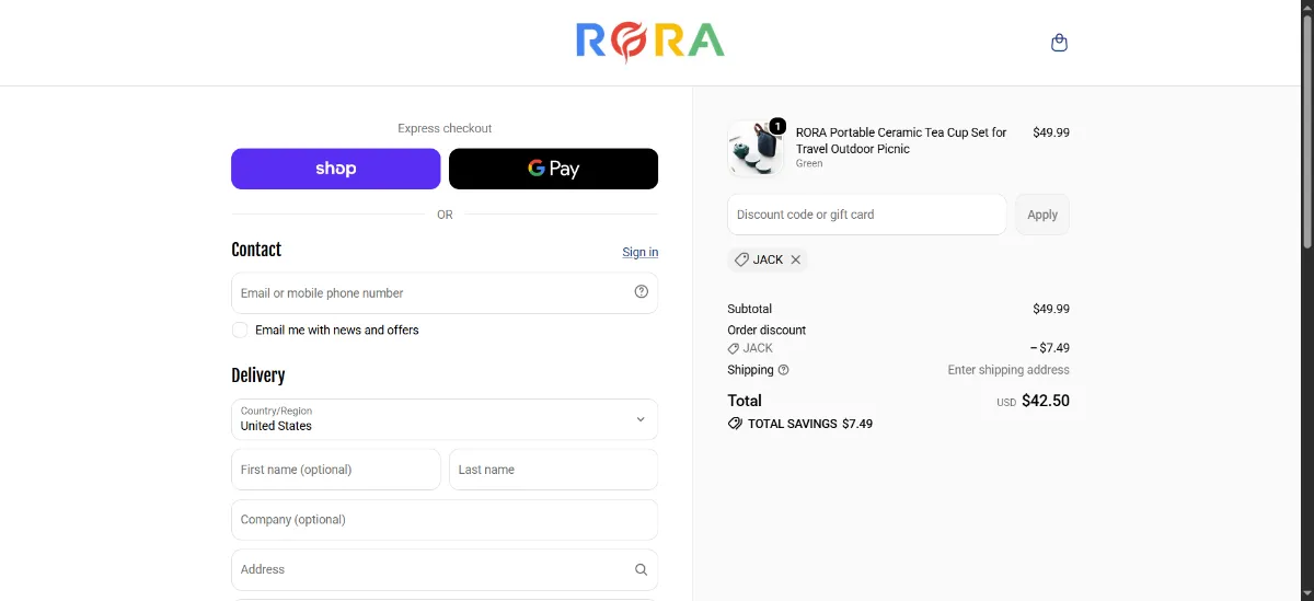 The RORA TEAPOT checkout, with the discount code box