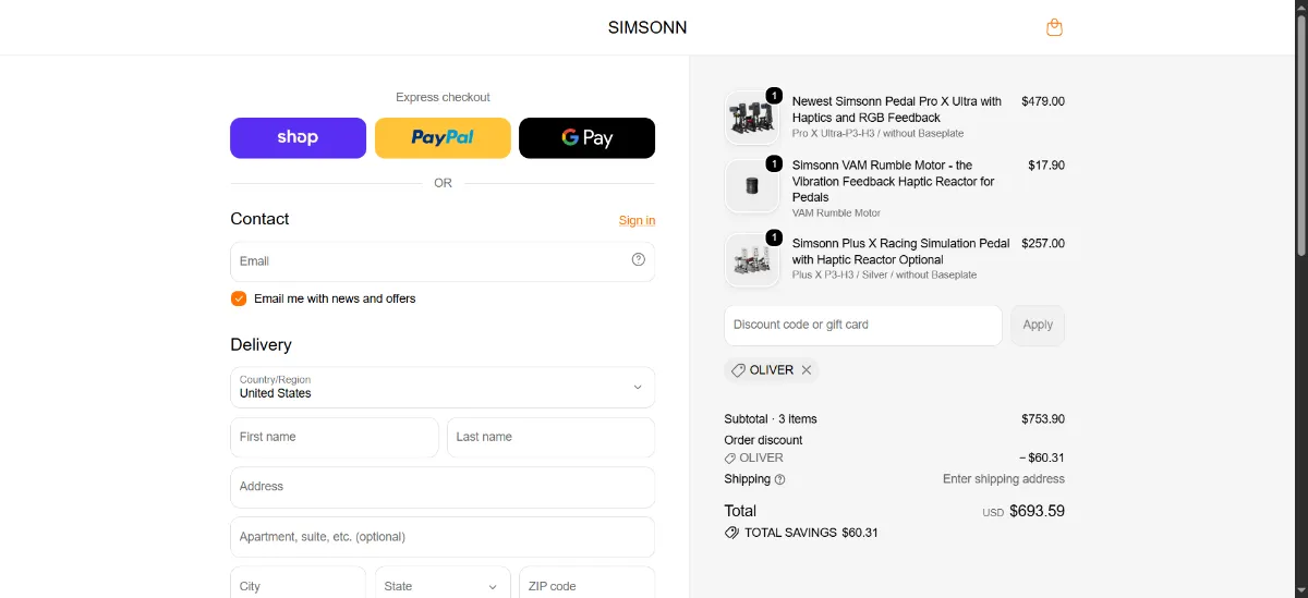The Simsonn checkout, with the discount code box
