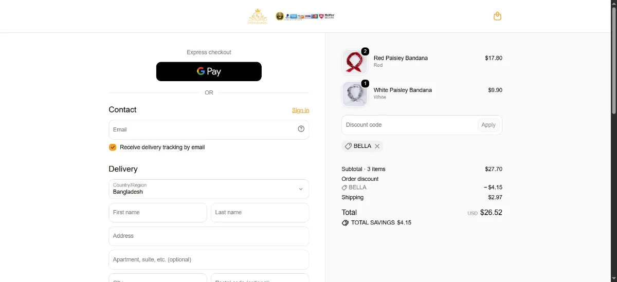 The RoyalBandana checkout, with the discount code box