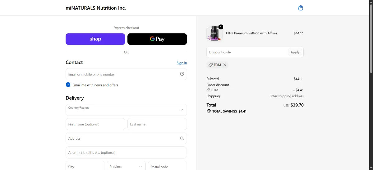 The Minaturals Nutrition checkout, with the discount code box