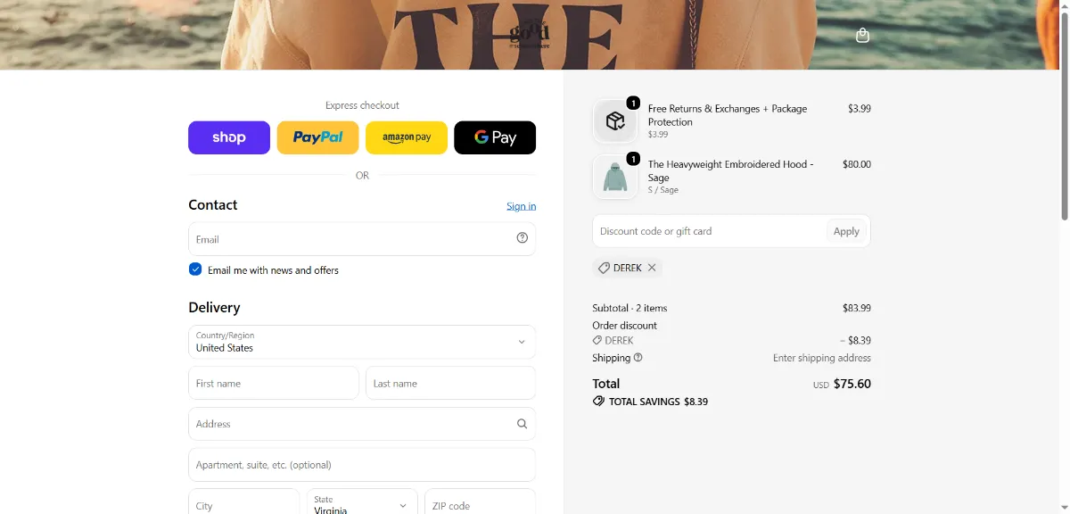 The Find The Good Brand checkout, with the discount code box