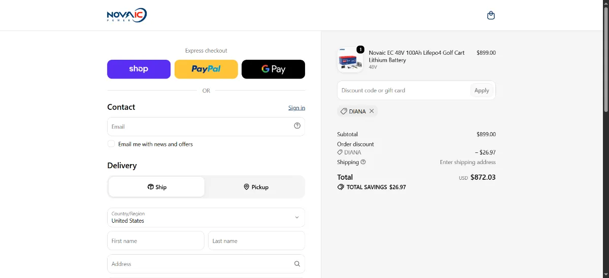 The Novaic points checkout, with the discount code box