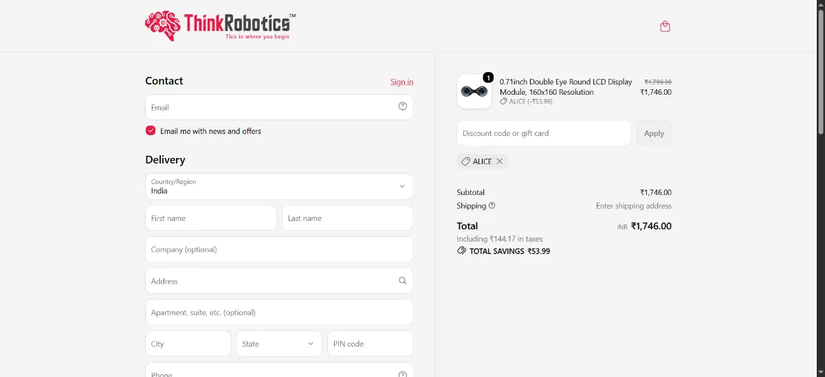 The Think Robotics checkout, with the discount code box