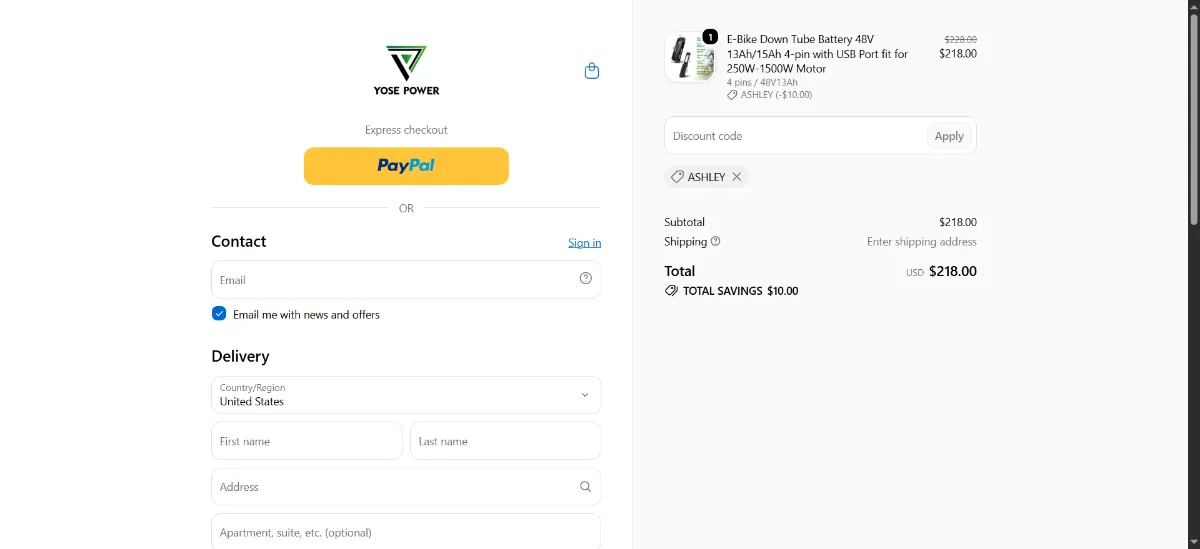 The YOSEPOWER SHOP checkout, with the discount code box