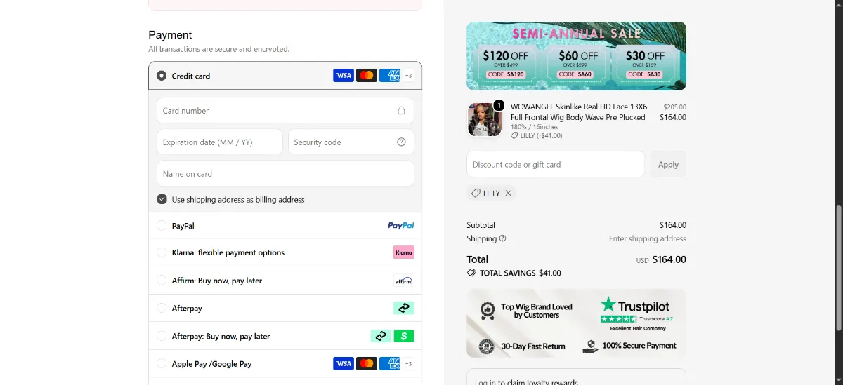 The Wowangel checkout, with the discount code box