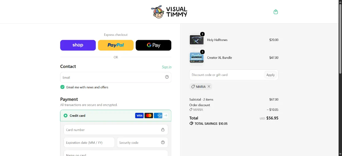The VisualTimmy checkout, with the discount code box