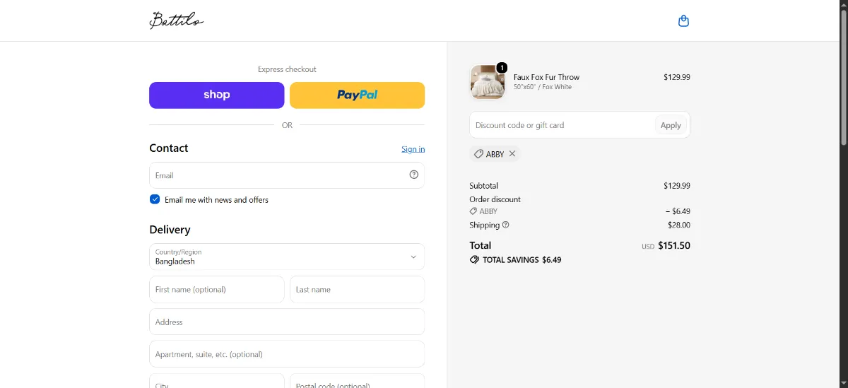 The Battilo Home checkout, with the discount code box