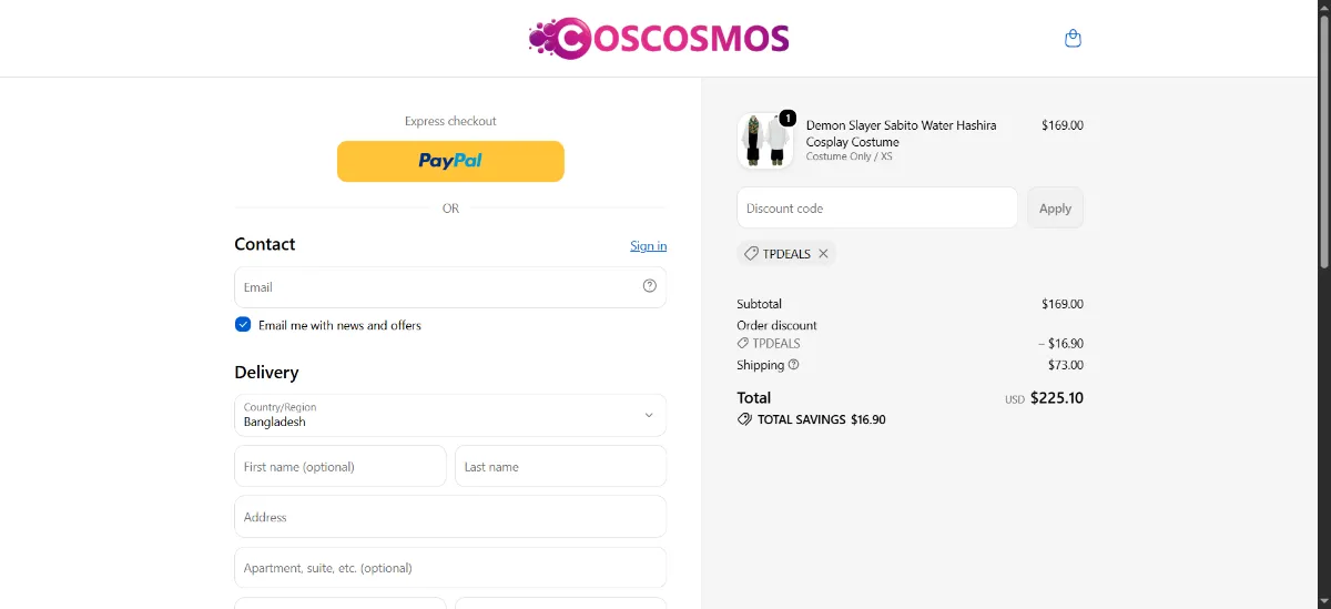 The Coscosmos checkout, with the discount code box