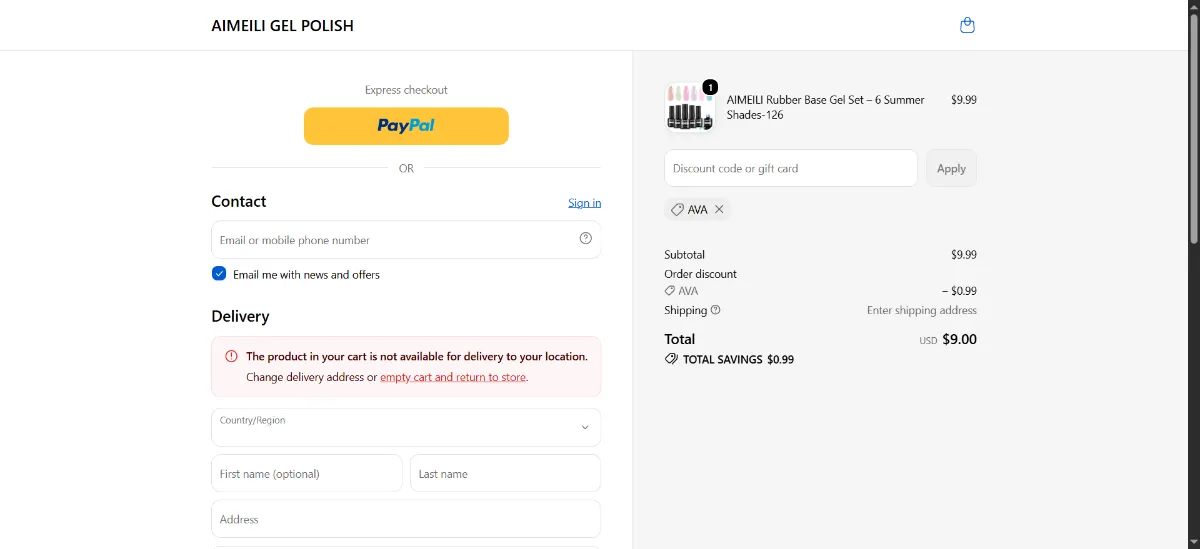 The Aimeili Gel Polish checkout, with the discount code box