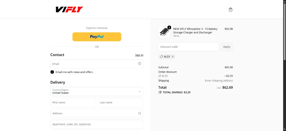 The VIFLY Drone checkout, with the discount code box