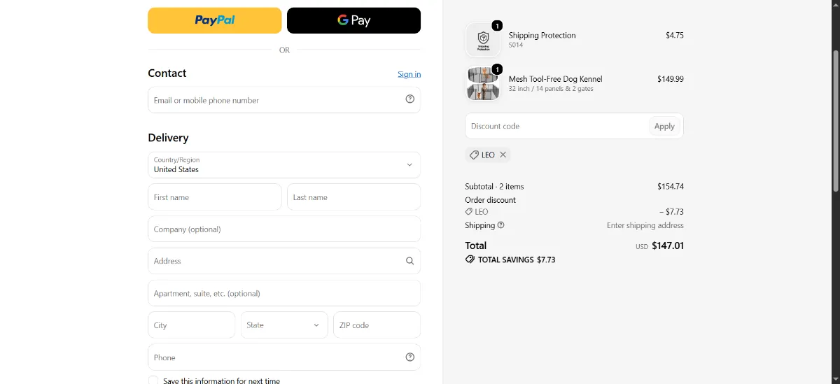 The Petorldog checkout, with the discount code box