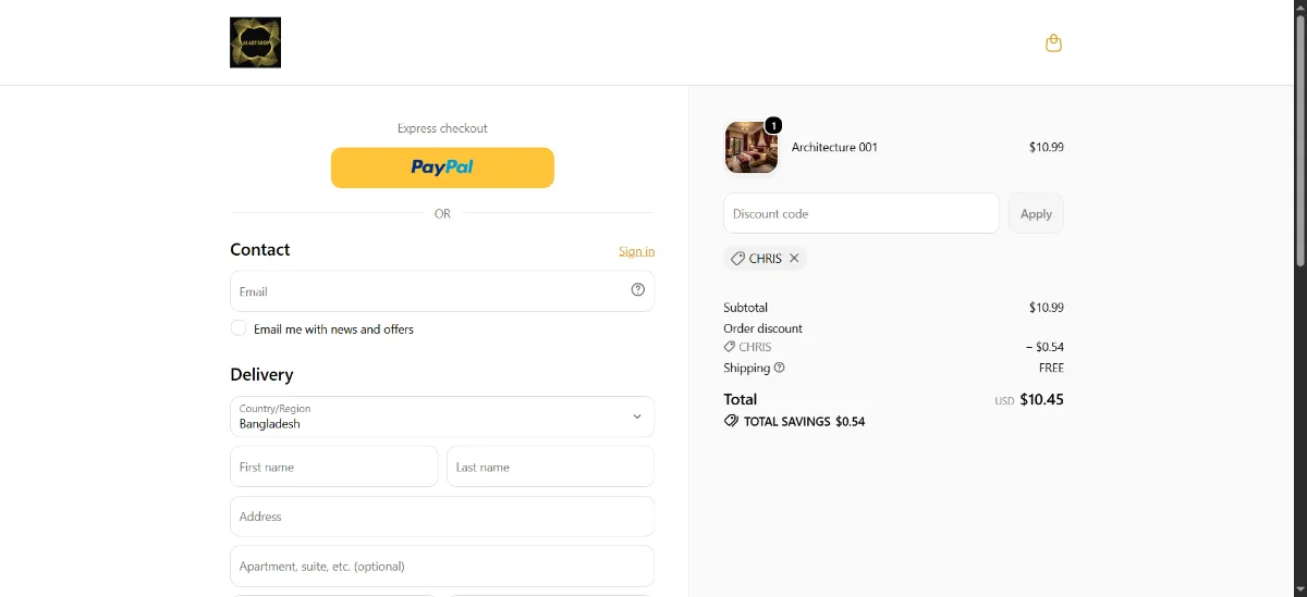 The Harbor & Thorne checkout, with the discount code box