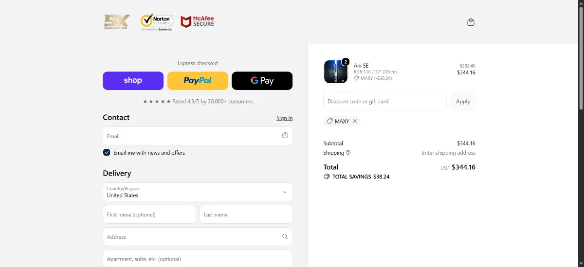 The Superneox checkout, with the discount code box