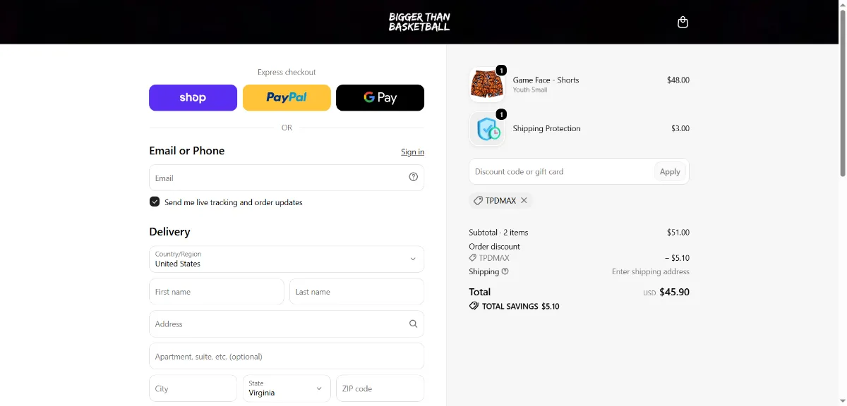 The Bigger Than Basketball checkout, with the promo code box