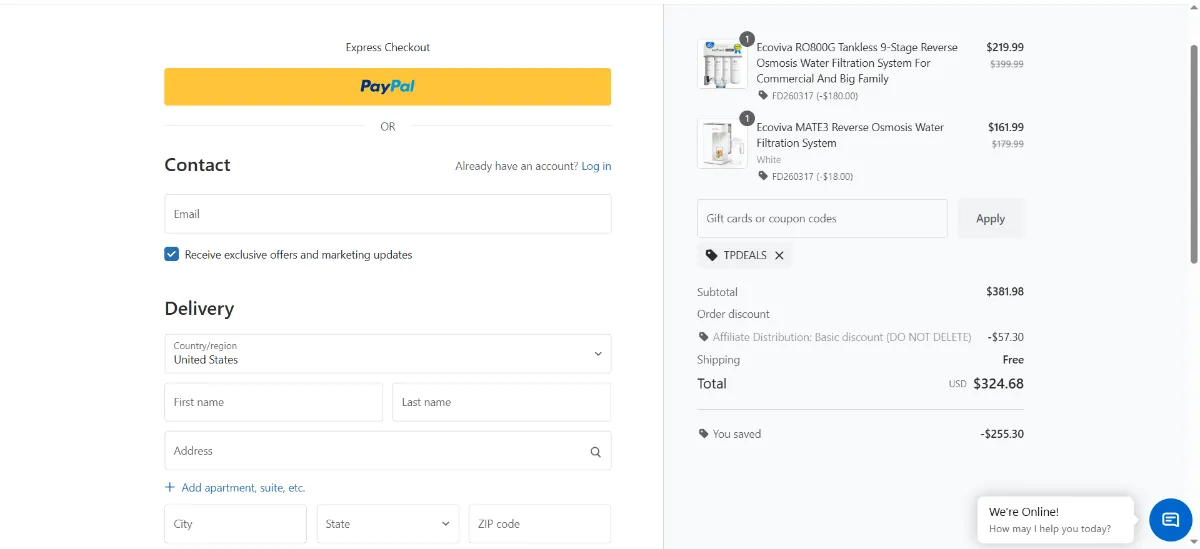 The Ecoviva checkout, with the discount code box