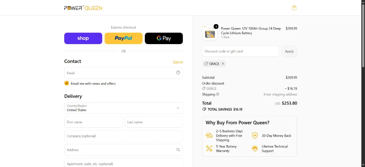 The Power Queen checkout, with the discount code box
