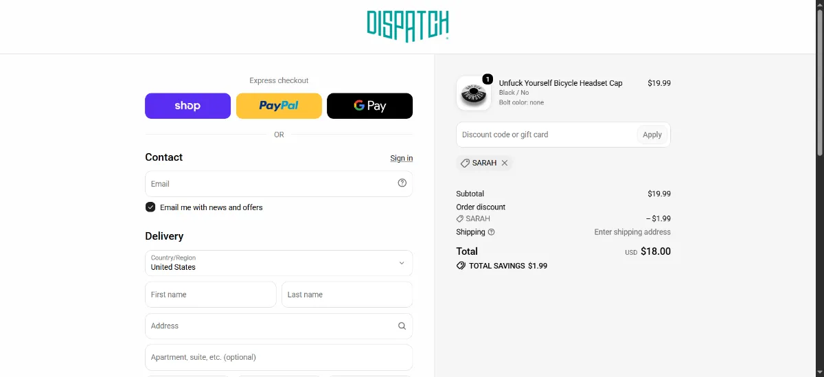 The Dispatch Bike checkout, with the discount code box