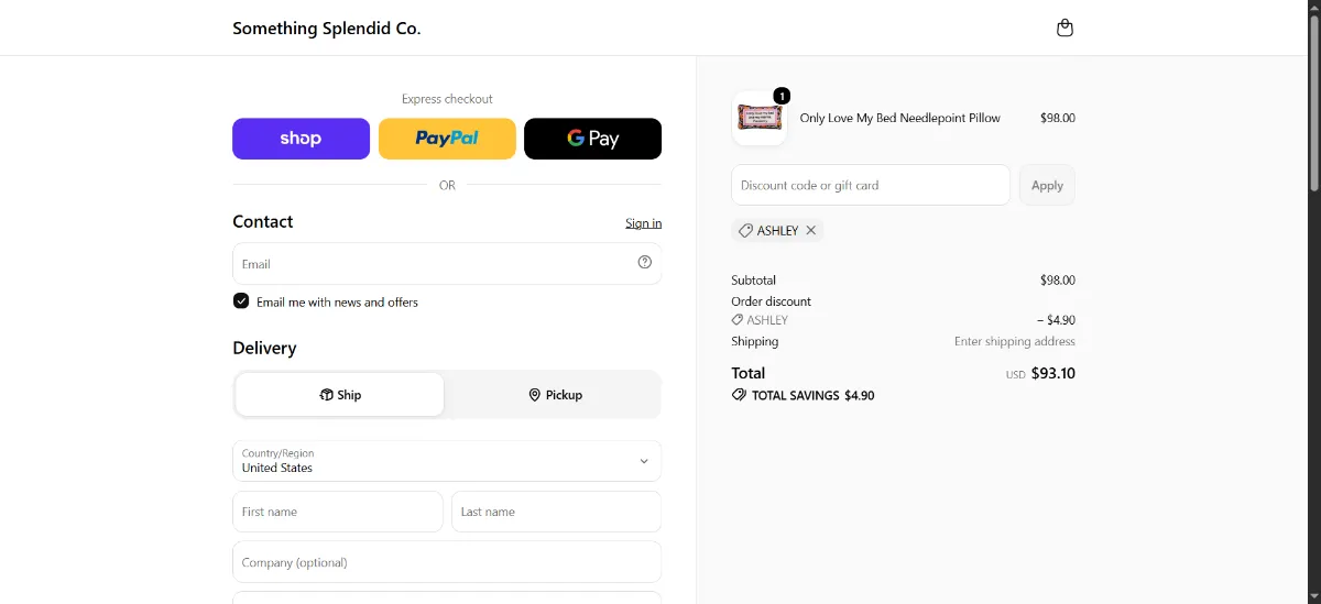 The Something Splendid Co checkout, with the discount code box