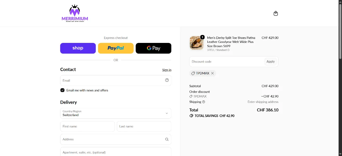 The MERRIMIUM checkout, with the discount code box