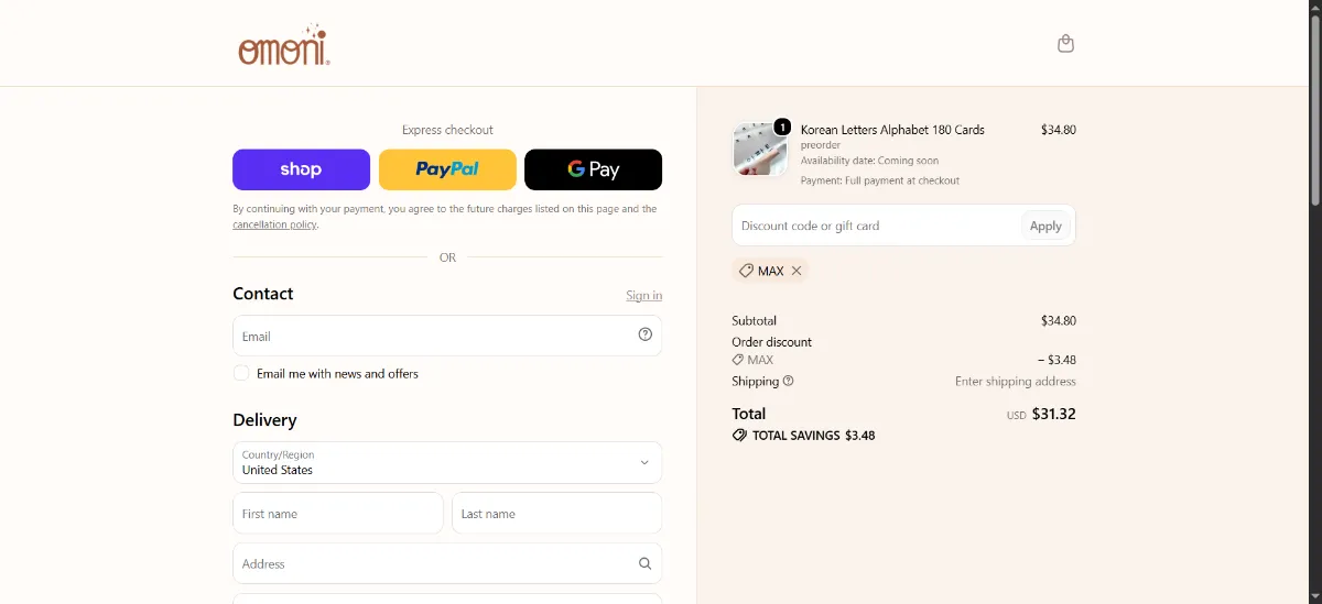 The Omoni Designs checkout, with the discount code box