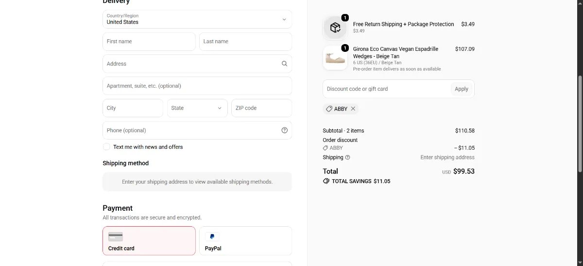 The BIANKINA checkout, with the discount code box