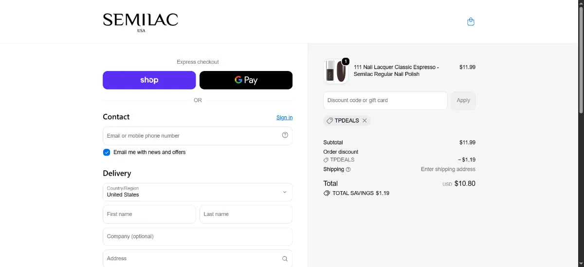 The SEMILAC USA checkout, with the discount code box
