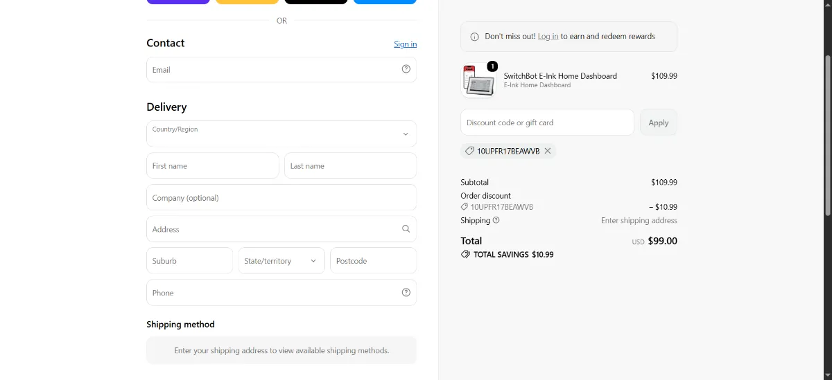 The SwitchBot checkout, with the discount code box