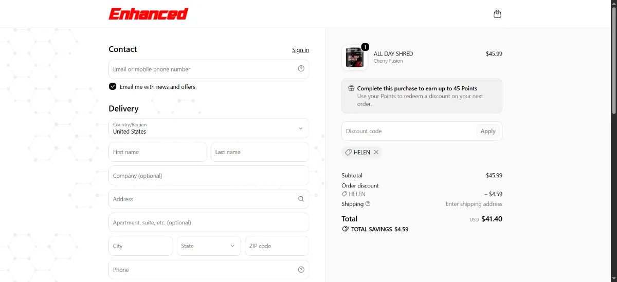 The Enhanced Labs checkout, with the discount code box