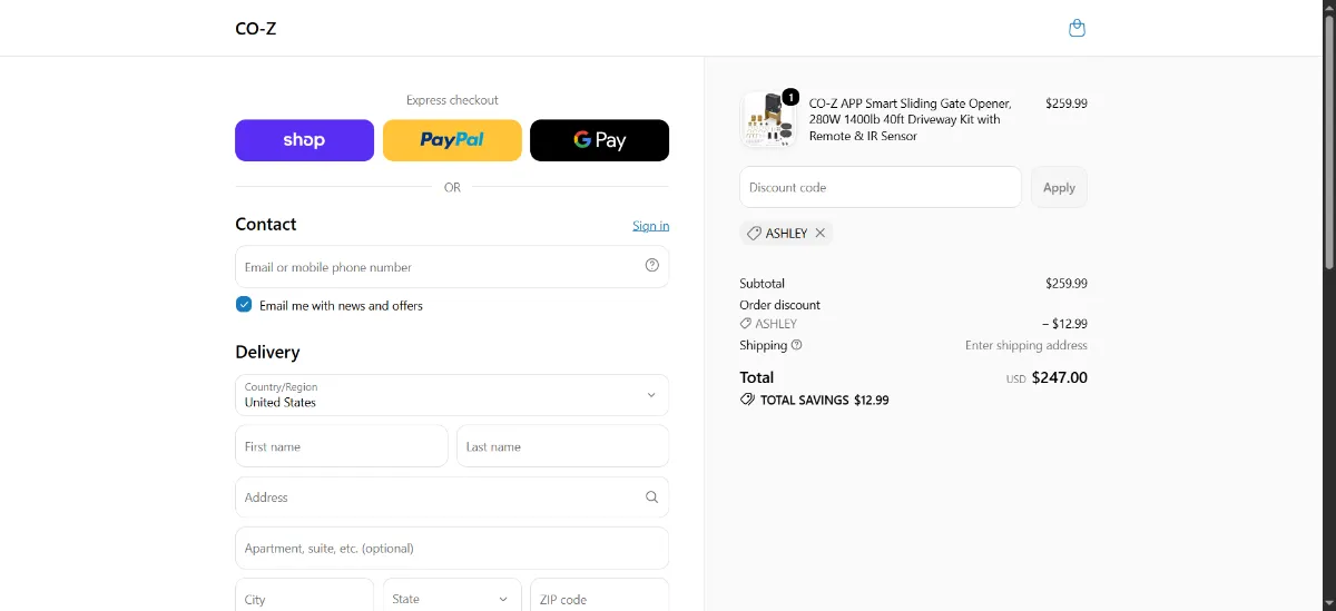 The CO Z checkout, with the discount code box