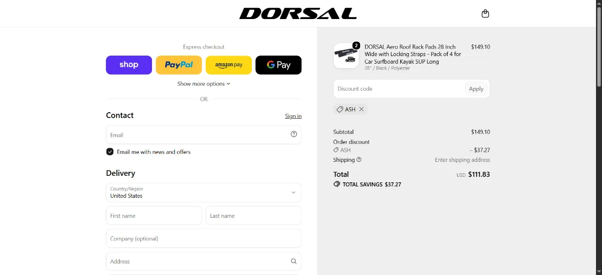 The DORSAL checkout, with the discount code box