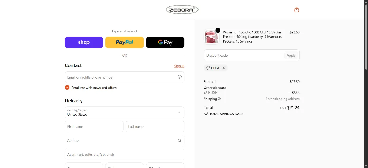 The ZEBORA checkout, with the discount code box