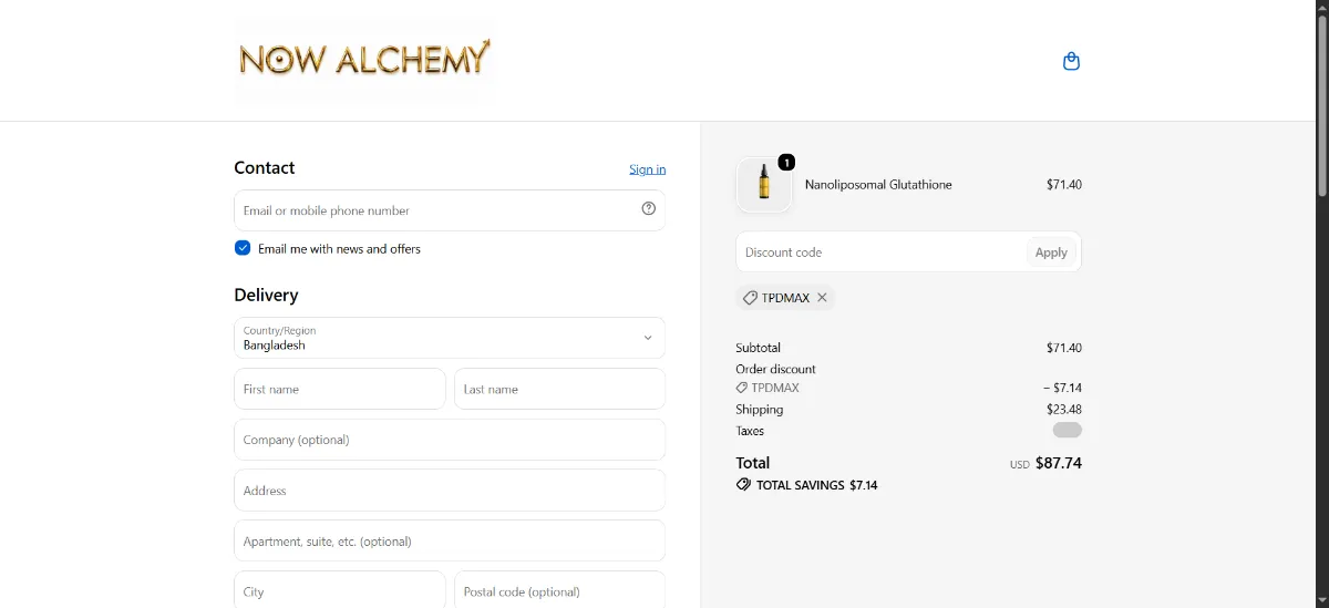 The Now Alchemy checkout, with the discount code box