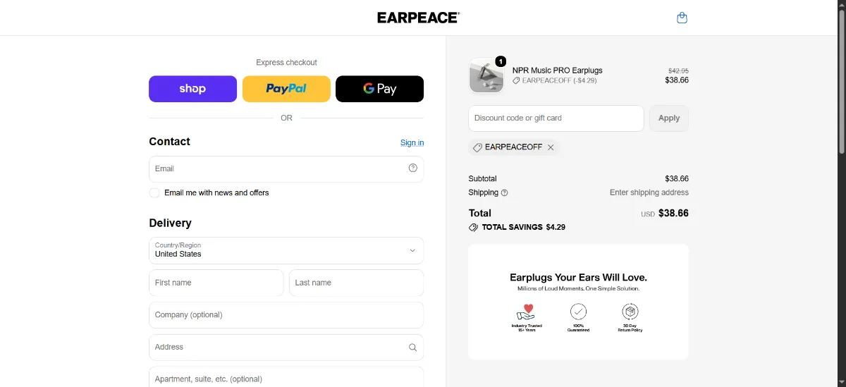 The EARPEACE checkout, with the discount code box