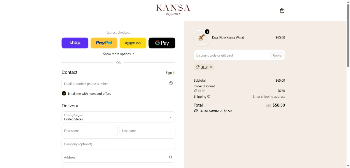 The Kansa Organics checkout, with the discount code box