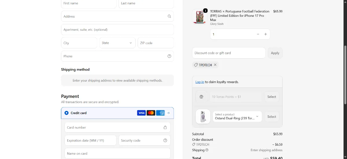 The Torras checkout, with the discount code box