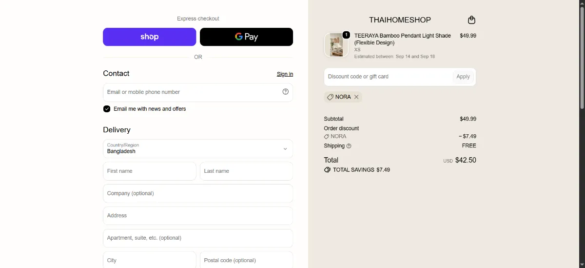 The ThaiHomeShop checkout, with the discount code box