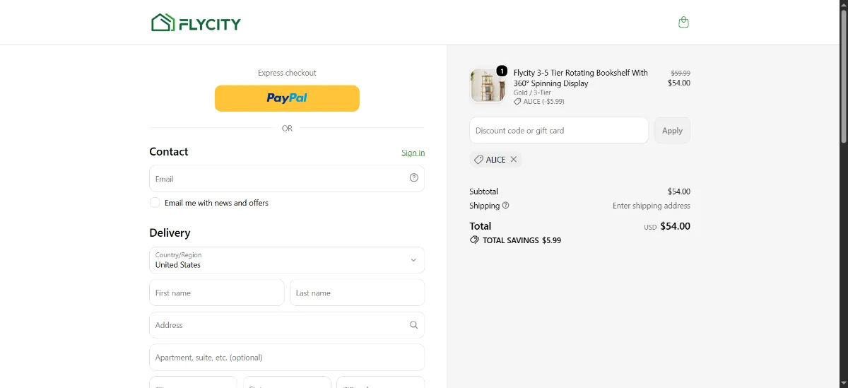The Flycity checkout, with the discount code box