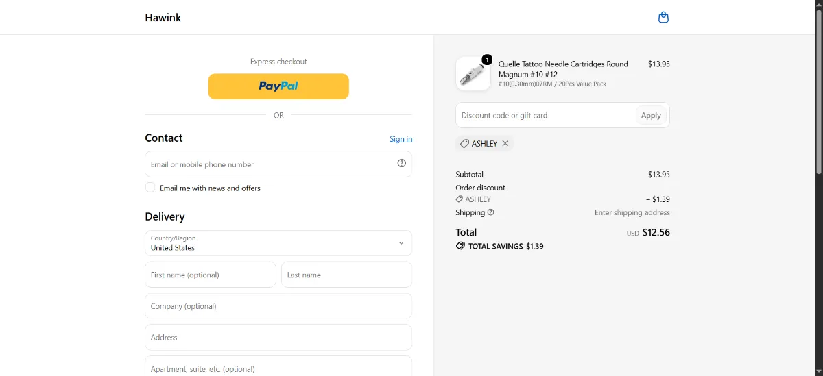The Hawink checkout, with the discount code box