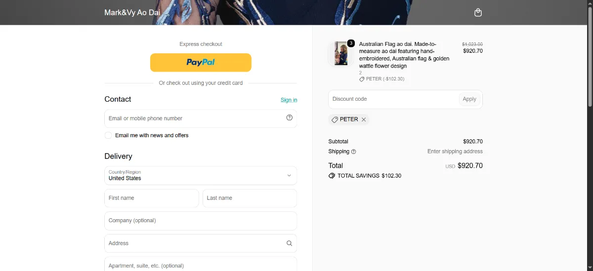The Marknvy checkout, with the discount code box
