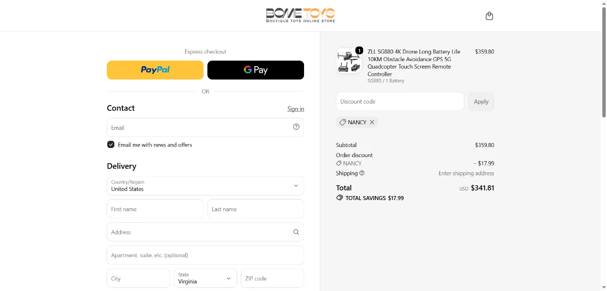 The Bometoys checkout, with the discount code box