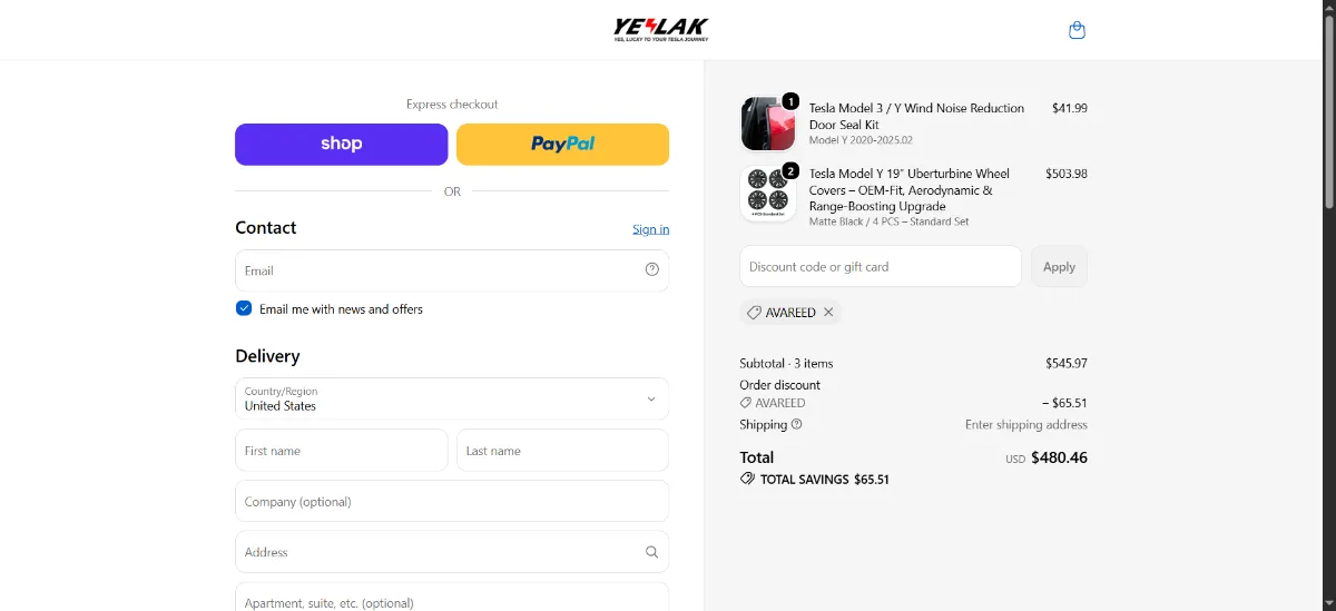 The Yeslak checkout, with the discount code box
