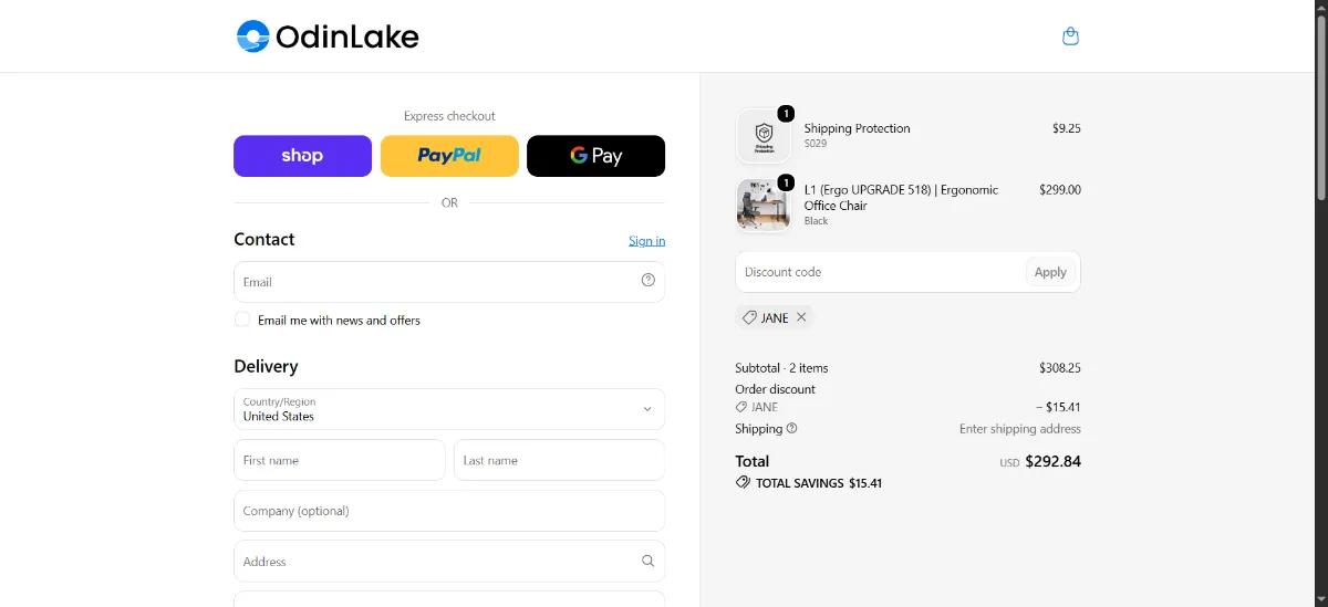 The OdinLake checkout, with the discount code box