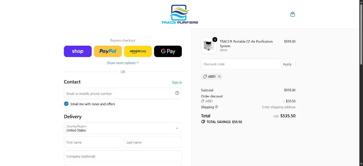 The TRACS Air Purifiers checkout, with the discount code box