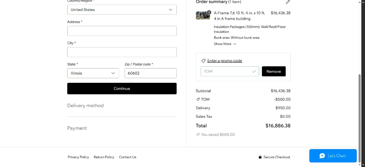 The Hud-1 EZ Buildings checkout, with the discount code box