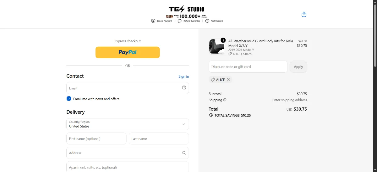The Tesstudio checkout, with the discount code box