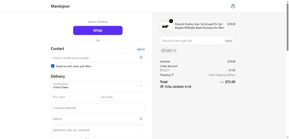 The Mandujour checkout, with the discount code box