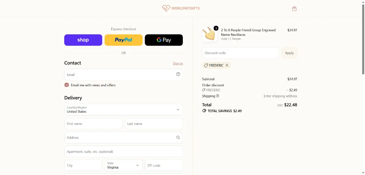 The WorldnetGifts checkout, with the discount code box