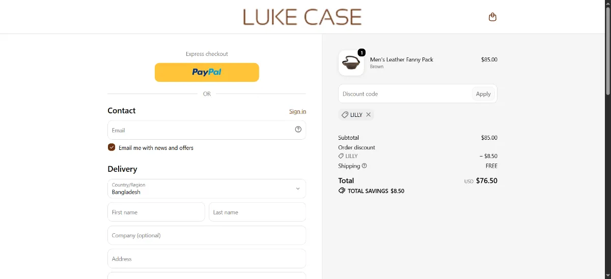 The Luke Case checkout, with the discount code box