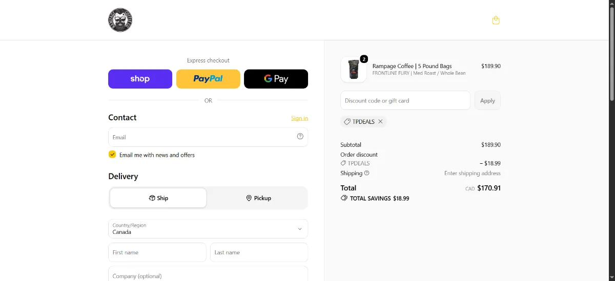 The Rampage Coffee Co checkout, with the discount code box